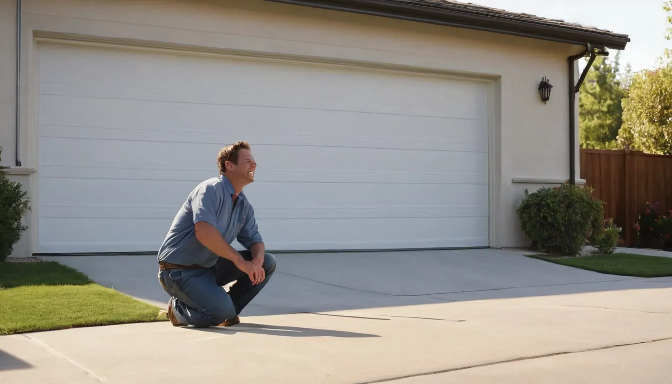 Friendly local provider checking a garage door track at a stucco home in the Saratoga area